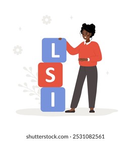 Lsi keyword service. Latent Semantic Indexing. Search engine marketing. Vector illustration in flat cartoon style. African female character is engaged in Web analysis and word search optimization.