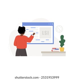 Lsi keyword service. Latent Semantic Indexing. Key phrases generator. Vector illustration in flat cartoon style. African female character is engaged in Web analysis and word search optimization.