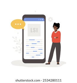 Lsi keyword service. Latent Semantic Indexing. Search engine marketing. Vector illustration in flat cartoon style. African female character is engaged in Web analysis and word search optimization.