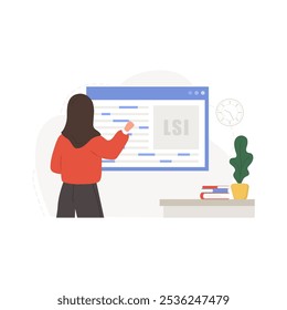 Lsi keyword service. Latent Semantic Indexing. Key phrases generator. Vector illustration in flat cartoon style. Arabian female character is engaged in Web analysis and word search optimization.