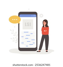 Lsi keyword service. Latent Semantic Indexing. Search engine marketing. Vector illustration in flat cartoon style. Arabian female character is engaged in Web analysis and word search optimization.