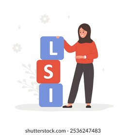 Lsi keyword service. Latent Semantic Indexing. Search engine marketing. Vector illustration in flat cartoon style. Arabian female character is engaged in Web analysis and word search optimization.