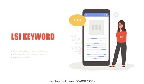 Lsi keyword service. Latent Semantic Indexing. Search engine marketing. Vector illustration in flat cartoon style. Arabian female character is engaged in Web analysis and word search optimization.