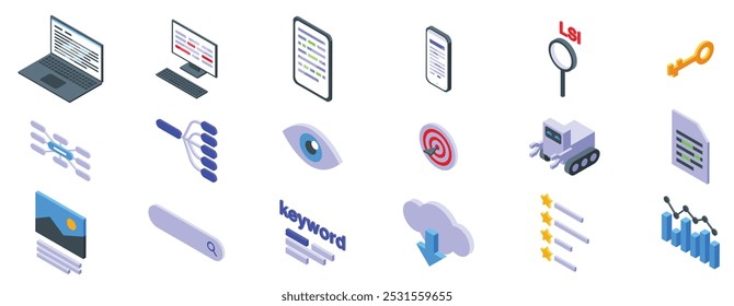 Lsi keywords icons set. Search engine optimization specialist is analyzing website traffic with laptop and modern software for keyword research