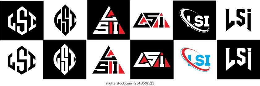 LSI letter logo design in six style. LSI polygon, circle, triangle, hexagon, flat and simple style with black and white color variation letter logo set in one artboard. LSI minimalist and classic logo