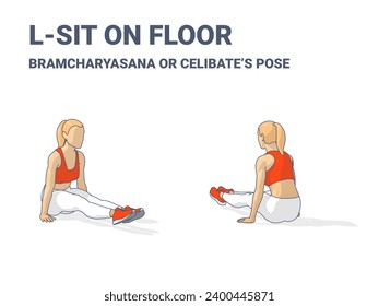 L-Sit Pose Exercise, Woman Home Workout Routine Guidance. Colorful Concept of Girl Yoga Training Floating Stick Pose. Young Female in Sportswear do the Bramchary Asana or Celibate Pose.