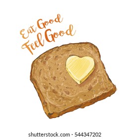 lSliced Brown bread with a heart of butter  isolated on white background top view vector illustration isolated