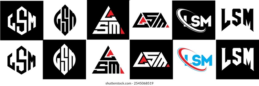 Design de logotipo de letra LSM em estilo seis. Polígono LSM, círculo, triângulo, hexágono, estilo simples e plano com logotipo de letra de variação de cor preto e branco definido em uma prancheta. Logotipo minimalista e clássico do LSM