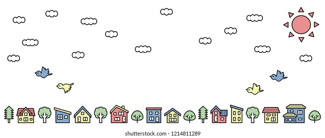lsr_long sideways row of houses and trees - line drawing and color - sky and bird
