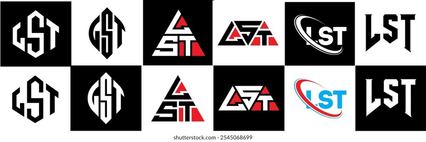 Projeto do logotipo da letra LST em estilo seis. LST polígono, círculo, triângulo, hexágono, plano e estilo simples com cor preta e branca variação letra logotipo definido em uma prancheta. LST minimalista e logotipo clássico