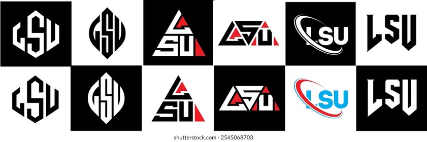 Design de logotipo de letra LSU em estilo seis. LSU polígono, círculo, triângulo, hexágono, plano e estilo simples com cor preta e branca variação letra logotipo definido em uma prancheta. Logotipo minimalista e clássico de LSU