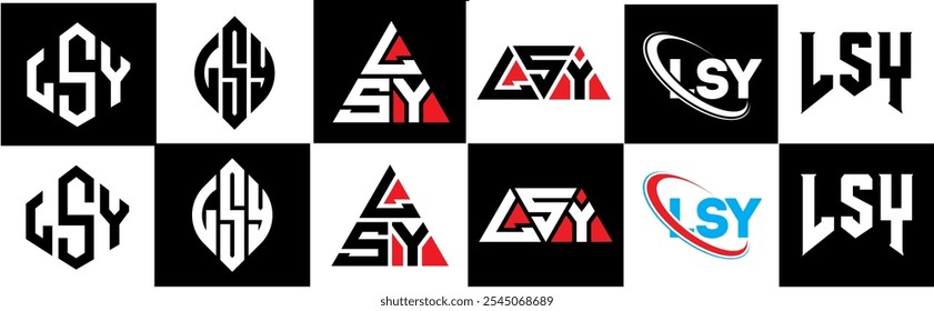 LSY letter logo design in six style. LSY polygon, circle, triangle, hexagon, flat and simple style with black and white color variation letter logo set in one artboard. LSY minimalist and classic logo