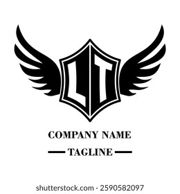LT bold shield logo with wings, customizable with letters A to Z. Perfect for brands seeking a powerful symbol of strength, freedom, and ambition