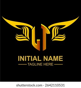 LT Golden Wing Emblem Logo with elegant gold wings, sleek and modern design. Ideal for branding, creative projects, luxury businesses, or artistic ventures.