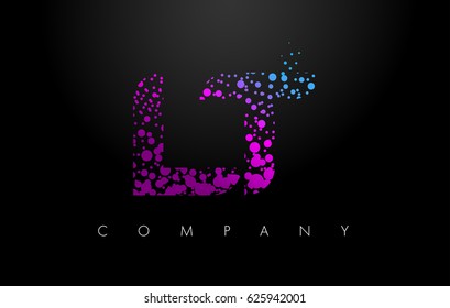 LT L T Letter Logo with Purple Blue Particles and Bubble Dots Design Vector.