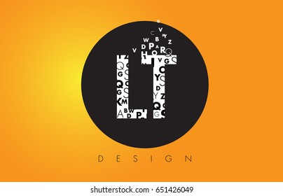 LT L T Logo Design Made of Small Letters with Black Circle and Yellow Background.