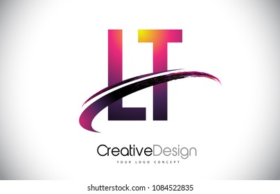 LT L T Purple Letter Logo with Swoosh Design. Creative Magenta Modern Letters Vector Logo Illustration.