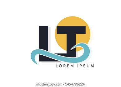 LT letter logo with ocean waves and sunset. Beach concept design