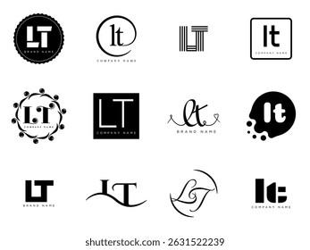 LT logo company template. Letter l and t logotype. Set different classic serif lettering and modern bold text with design elements. Initial font typography. Collection trendy business identity.