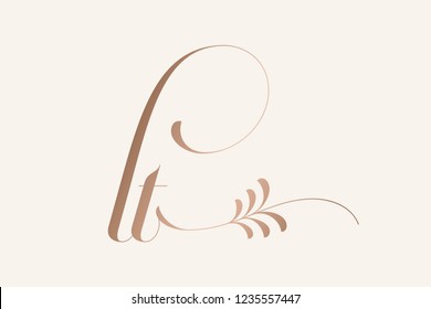 LT monogram logo.Lettering icon isolated on light background.Elegant letter l and letter t typographic sign, with ornamental leaves.