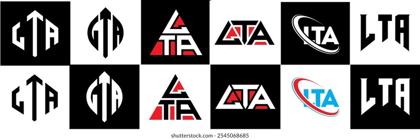 LTA letter logo design in six style. LTA polygon, circle, triangle, hexagon, flat and simple style with black and white color variation letter logo set in one artboard. LTA minimalist and classic logo