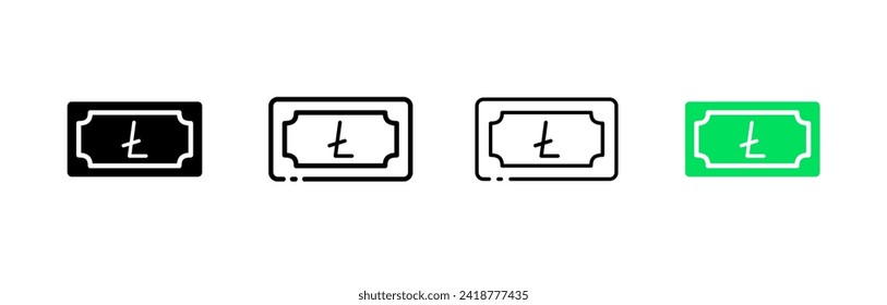 Juego de iconos de billetes LTC. Silhouette, lineal y plano. Iconos del vector