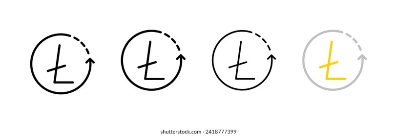Ltc coin icons and arrow in circle. Outline, set of Ltc coins inside the arrow, Litecoin arrow update, trade design. Vector icons