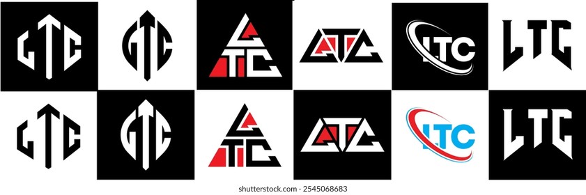 LTC carta logotipo design em estilo seis. LTC polígono, círculo, triângulo, hexágono, plano e estilo simples com cor preta e branca variação letra logotipo definido em uma prancheta. Logotipo minimalista e clássico LTC