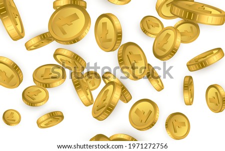 LTC. Litecoin gold coins explosion isolated on white background. Cryptocurrency concept. Vector illustration.