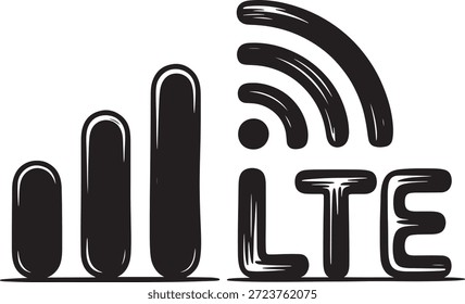 Barras de intensidad de señal LTE acompañadas de un símbolo wi-fi en un simple Diseño gráfico negro que representa la tecnología de comunicación inalámbrica y la conectividad de red en un fondo blanco limpio.