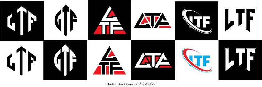 LTF Buchstaben Logo Design in sechs Stil. LTF Polygon, Kreis, Dreieck, Sechseck, flach und schlicht mit schwarz-weißem Farbvariationsbuchstaben Logo in einem Zeichenbrett gesetzt. LTF minimalistisches und klassisches Logo