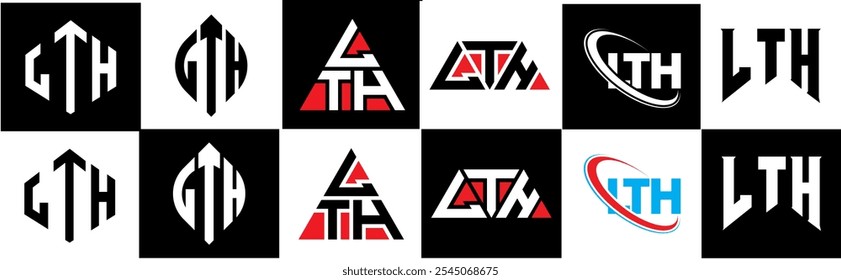 Diseño de logotipo de letra LTH en seis estilos. LTH polígono, círculo, triángulo, hexágono, estilo plano y simple con logo de letra de variación de color blanco y negro en una mesa de trabajo. Logotipo minimalista y clásico de LTH