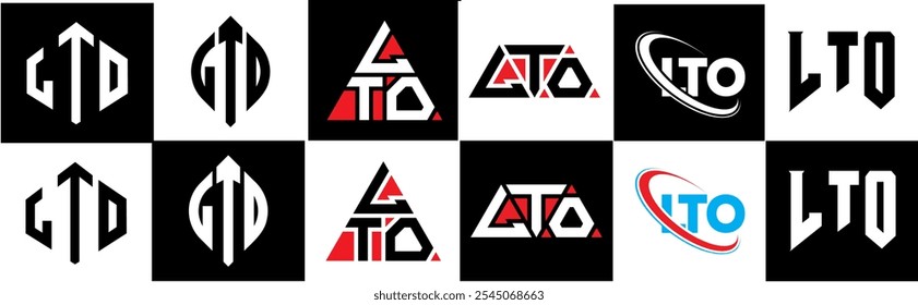LTO letter logo design in six style. LTO polygon, circle, triangle, hexagon, flat and simple style with black and white color variation letter logo set in one artboard. LTO minimalist and classic logo