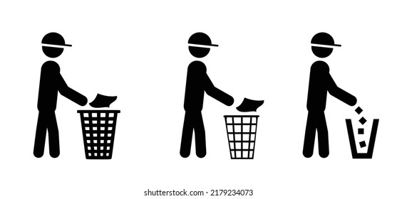 Lttering Only. Cartoon Drawing Stickman, Stick Figures Man With Litter Basket Or Litterbin. Clean Up And Trashcan. Cleaning Tools. Vector Container Logo Or Pictogram. 