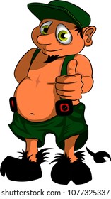 Lttle imps in hat and shorts smiles and shows thumb up