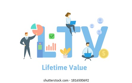 LTV, Lifetime Value or Loan to Value. Concept with keywords, people and icons. Flat vector illustration. Isolated on white background.