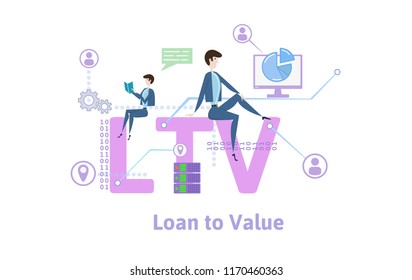 LTV, loan to value. Concept with keywords, letters and icons. Colored flat vector illustration on white background.