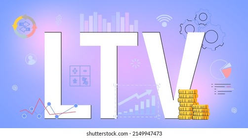 LTV Loan to value Short for lifetime value business concept Frequency Time period of customer purchases product or services Client base protection Financial income distribution Vector illustration