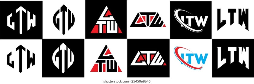 LTW letter logo design in six style. LTW polygon, circle, triangle, hexagon, flat and simple style with black and white color variation letter logo set in one artboard. LTW minimalist and classic logo