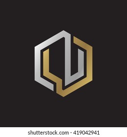 LU initial letters looping linked hexagon elegant logo golden silver black background