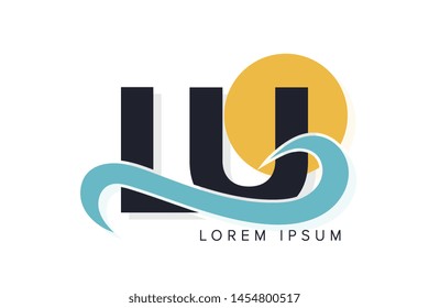 LU letter logo with ocean waves and sunset. Beach concept design