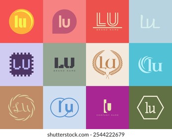 LU logo company template. Letter l and u logotype. Set different classic serif lettering and modern bold text with design elements. Initial font typography. Collection trendy business identity.