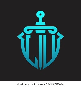 LU Logo monogram with sword and shield combination isolated blue colors gradient
