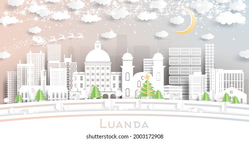 Luanda Angola City Skyline in Paper Cut Style with Snowflakes, Moon and Neon Garland. Vector Illustration. Christmas and New Year Concept. Santa Claus on Sleigh. Luanda Cityscape with Landmarks.