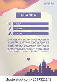 Luanda, Angola vector infographics, brochure layout. Guide, leaflet, flyer, advertising graphic template with text, information, city skyline shape. Page, festival, cover mock up image