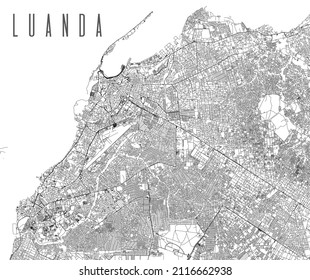 Luanda city province vector map poster. Capital of Angola municipality square linear road map, administrative municipal area, black lines on white background, with title.