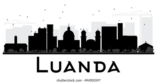 Luanda City skyline black and white silhouette. Vector illustration. Simple flat concept for tourism presentation, banner, placard or web site. Business travel concept. Cityscape with landmarks