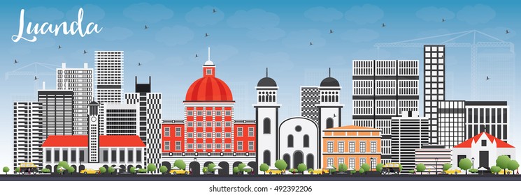 Luanda Skyline mit grauen Gebäuden und Blue Sky. Vektorgrafik. Business Travel and Tourism Konzept mit moderner Architektur. Bild für Präsentationsbanner-Platzierung und Website.