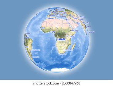 Luanda-Angola is shown on vector globe map. The map shows Luanda-Angola 's location in the world.