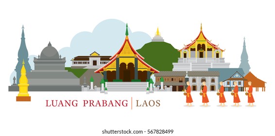 Luang Prabang, Laos, Landmarks and Monks on Alms Round. Culture, Travel and Tourist Attraction